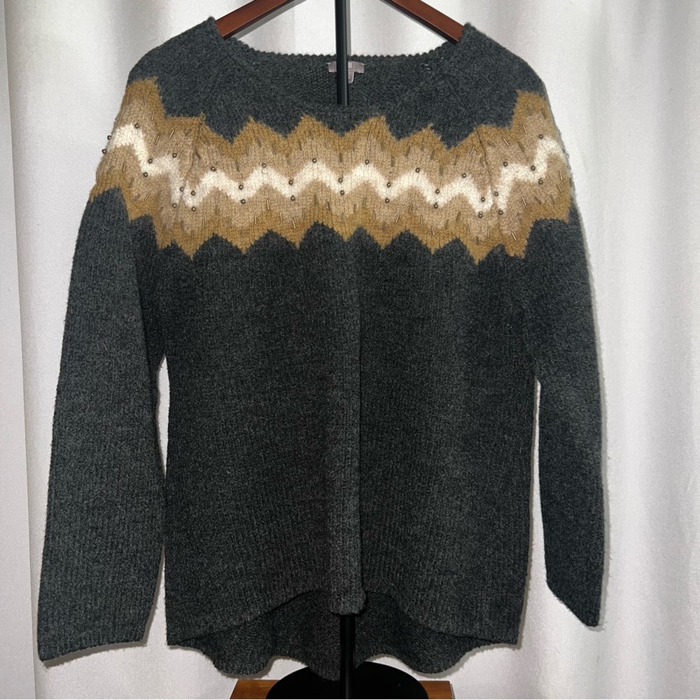 J. Jill Fair Isle Gray Sweater with Tan and Cream Accents